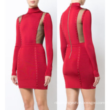 High Standard Red Long Sleeve High Neck Beading Bandage Dress